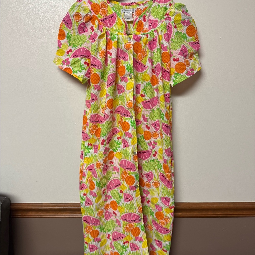 Elegant Emily Pink Orange Green Fruit Waffle Pearl Snap House Dress Sz Sm